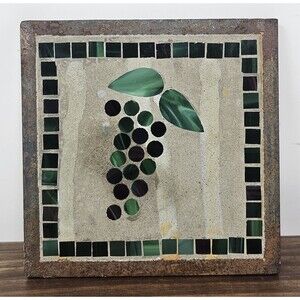 Green Grapes Mosaic Glass Art Cement Inlay Iron Border Handmade Wall Tile 8"x8"